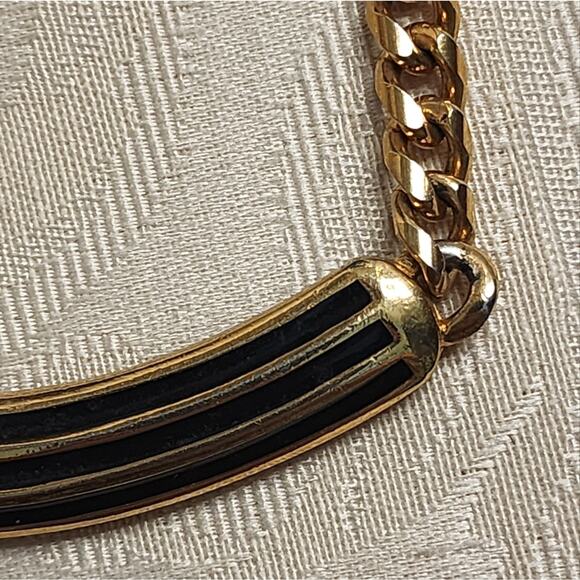 Vintage 80s Gold Plated Black Bar Pendant Statement Necklace with Bold Design - Picture 5 of 12